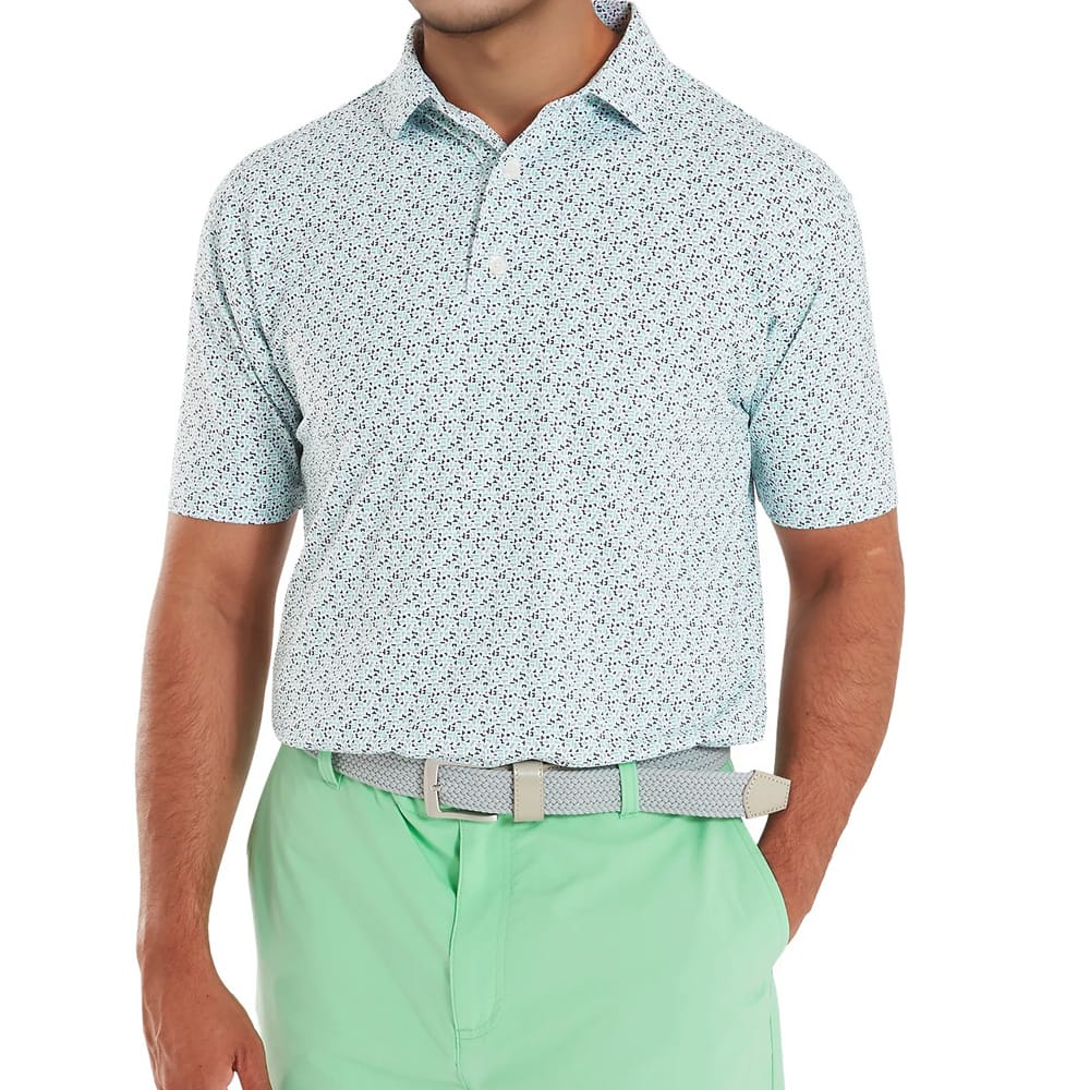 FootJoy Gamer Print Pique Polo Shirt - White/Steel Blue/Navy/Seafoam - Image 3