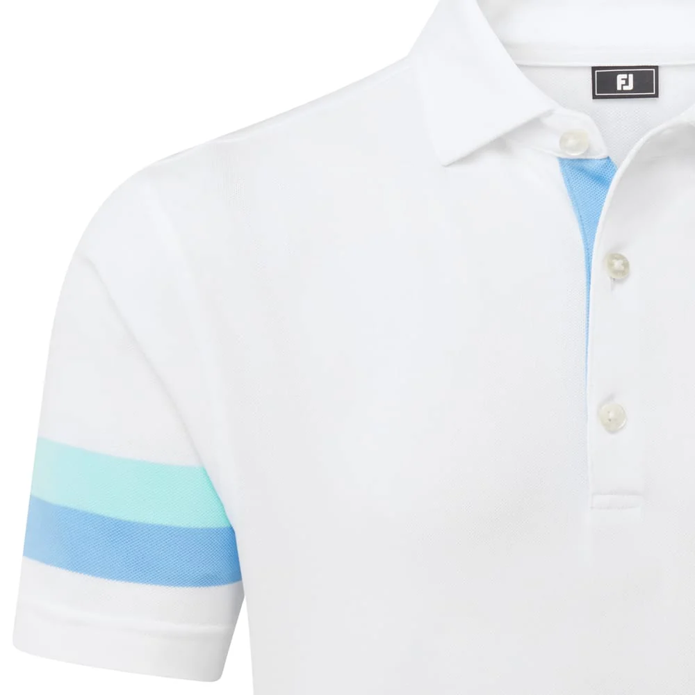FootJoy Sleeve Stripe Pique Polo Shirt - White/Blue Reef/Sea Glass - Image 4