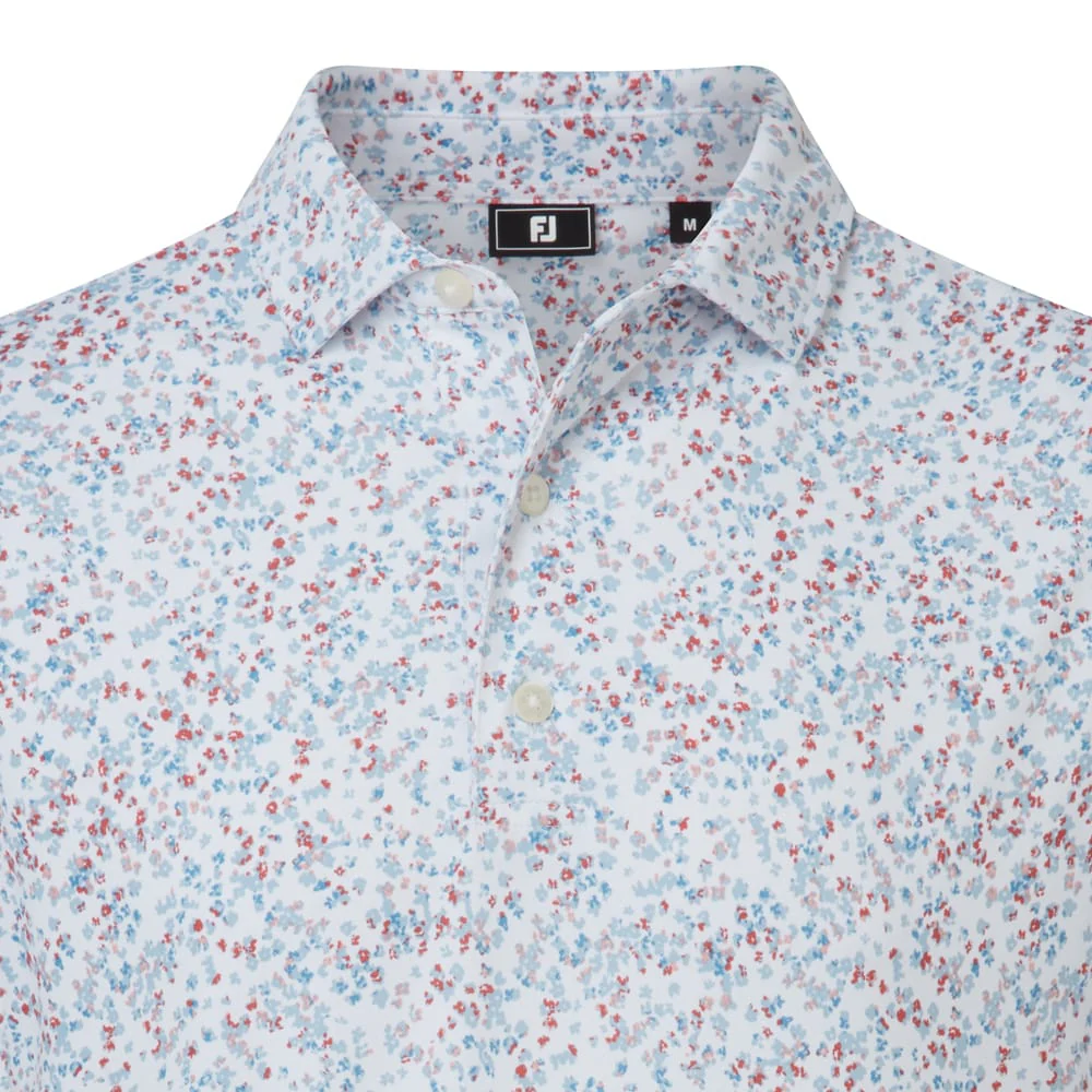 FootJoy Watercolour Floral Print Pique Polo Shirts - White/Chambray/Nantucket Red - Image 3