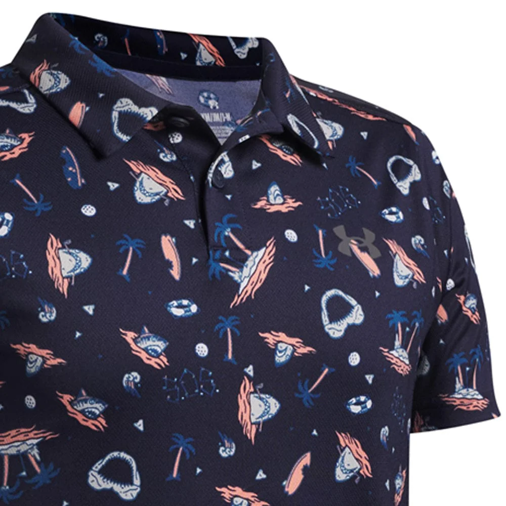 Under Armour Boys Matchplay Printed Polo Shirt - Midnight Navy/Posh Pink/Castlerock - Image 5